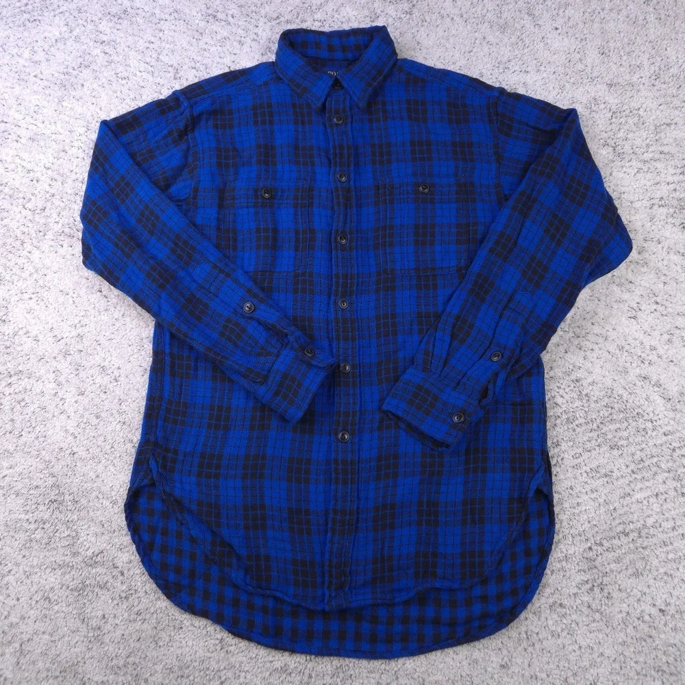 Polo Ralph Lauren Shirt Mens Small Flannel Long Sleeve Button Plaid Check Blue